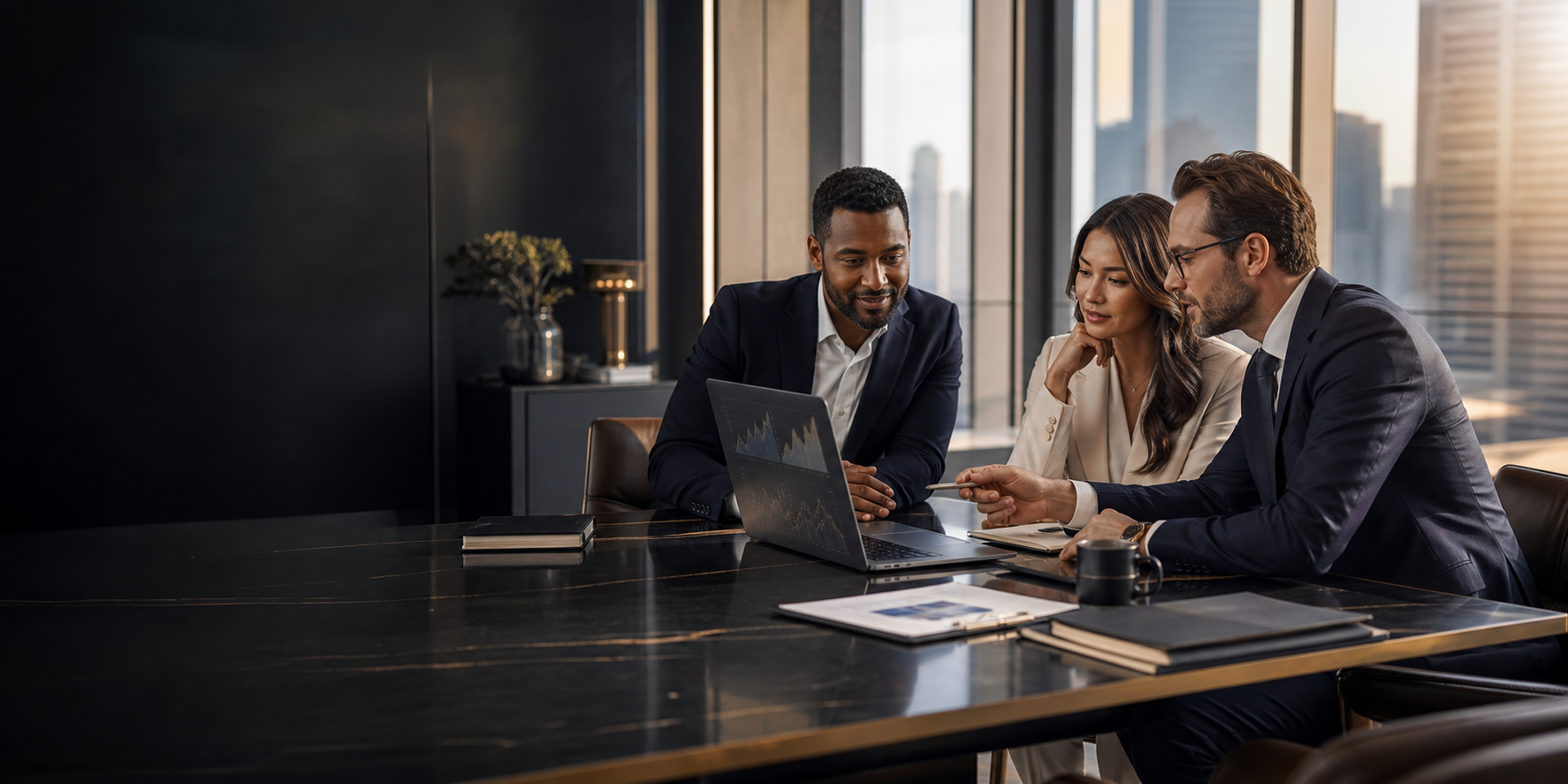 Entrepreneurs reviewing financial strategy in a modern office